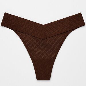 SKIMS Mesh Logo Thong Mid Rise Cocoa Brown Logo Print 3X